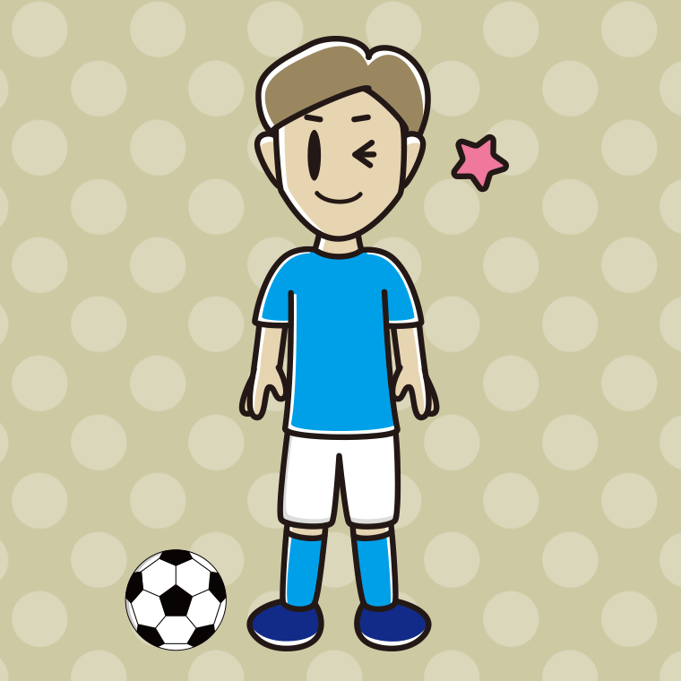 ウインクするサッカーのユニフォーム姿の男性のイラスト【色、背景あり】PNG
