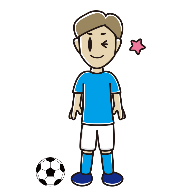 ウインクするサッカーのユニフォーム姿の男性のイラスト【色あり、背景なし】透過PNG