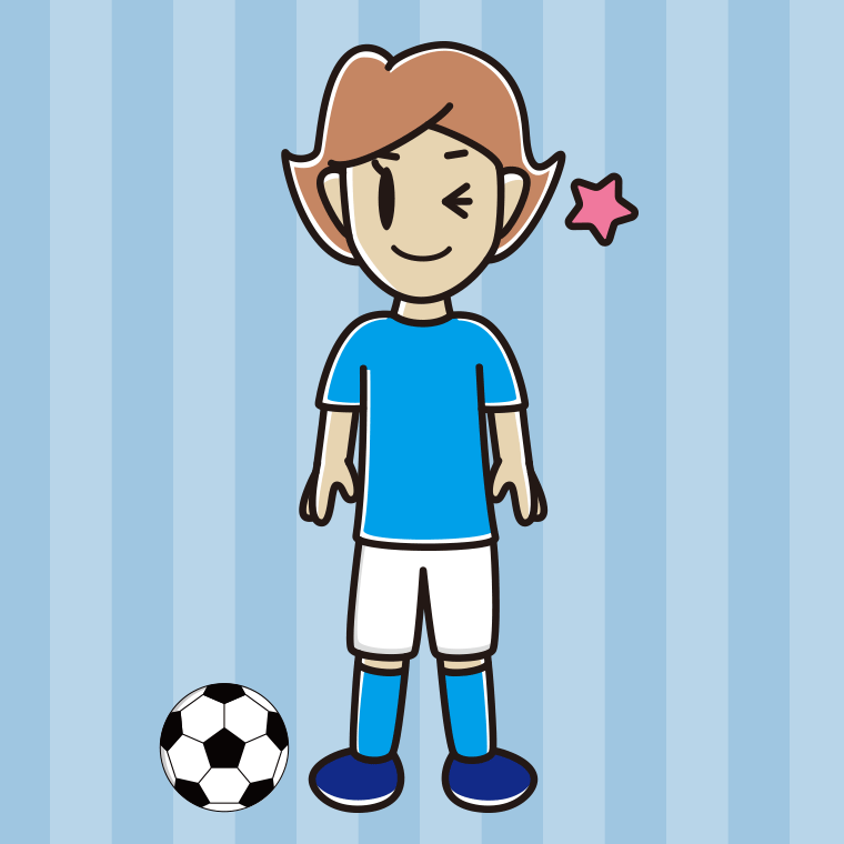 ウインクするサッカーのユニフォーム姿の女性のイラスト【色、背景あり】PNG