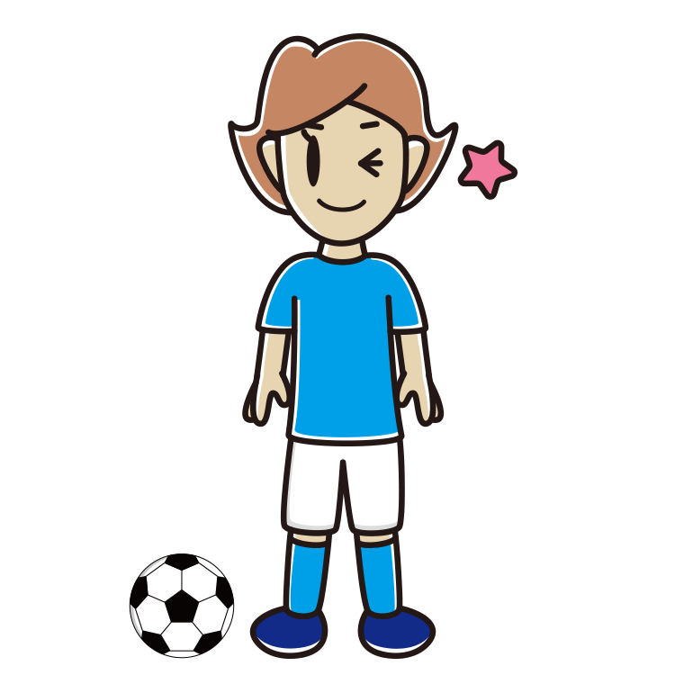 ウインクするサッカーのユニフォーム姿の女性のイラスト【色あり、背景なし】透過PNG