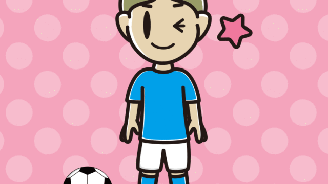 ウインクするサッカーのユニフォーム姿の小学生男子のイラスト【色、背景あり】PNG