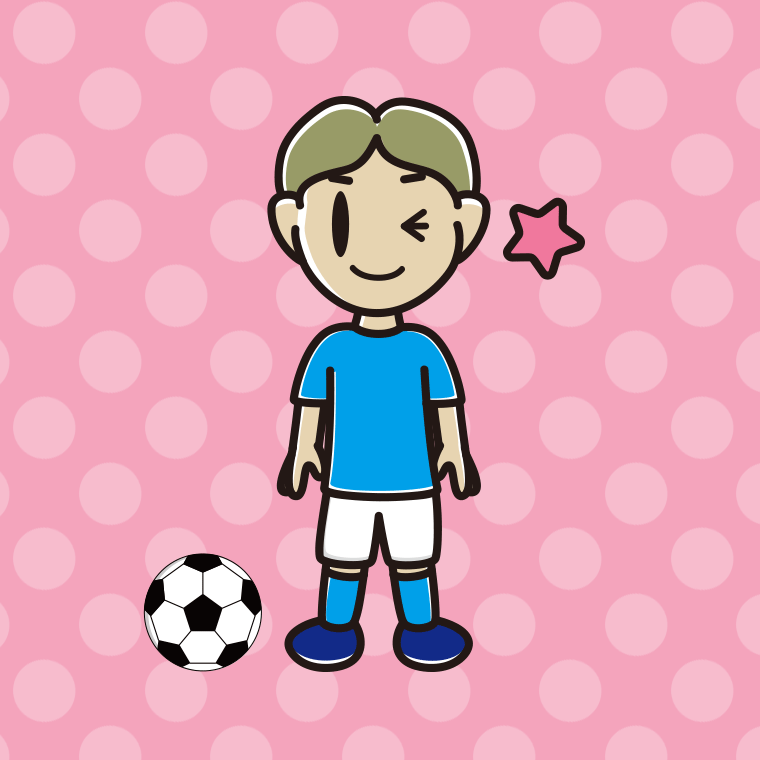 ウインクするサッカーのユニフォーム姿の小学生男子のイラスト【色、背景あり】PNG