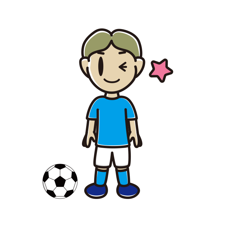 ウインクするサッカーのユニフォーム姿の小学生男子のイラスト【色あり、背景なし】透過PNG