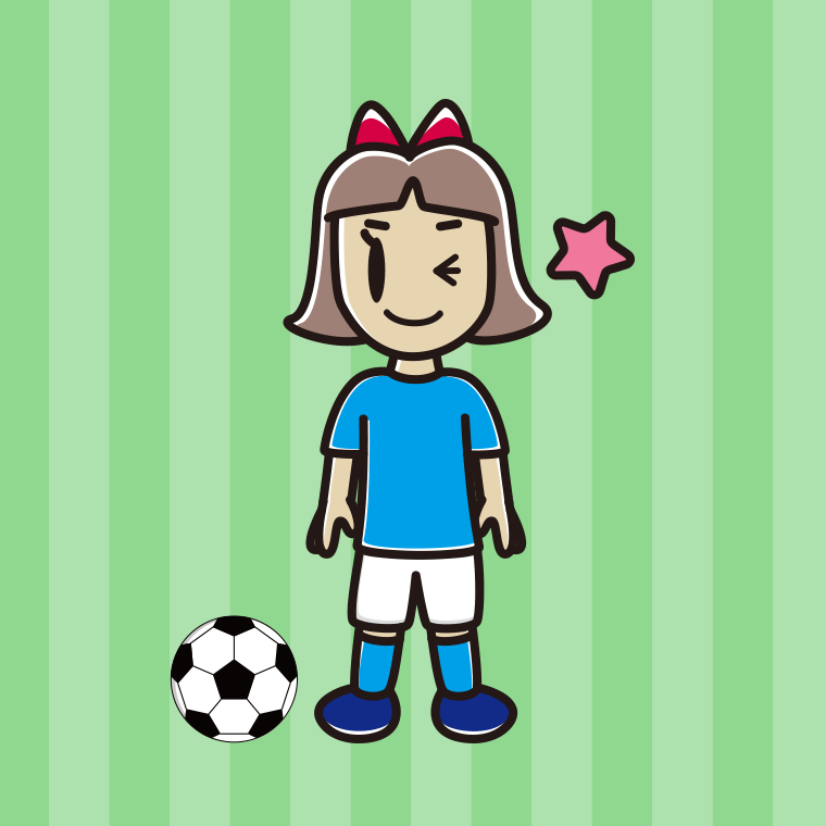 ウインクするサッカーのユニフォーム姿の小学生女子のイラスト【色、背景あり】PNG