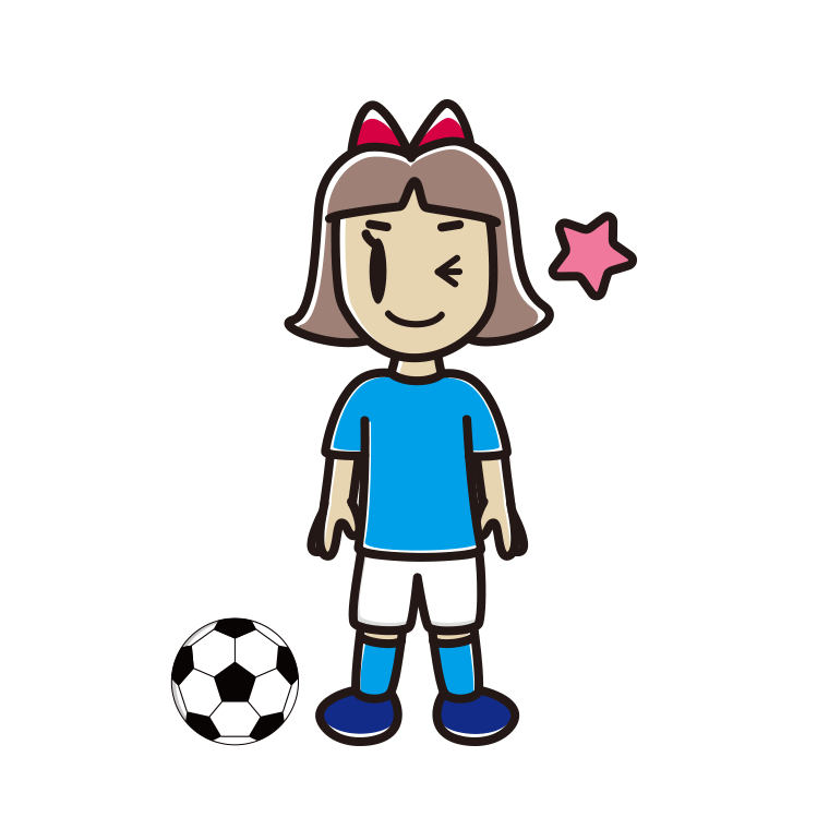 ウインクするサッカーのユニフォーム姿の小学生女子のイラスト【色あり、背景なし】透過PNG