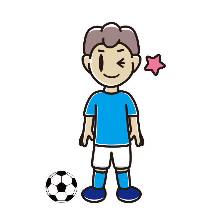 ウインクするサッカーのユニフォーム姿の男子中学生のイラスト【色あり、背景なし】透過PNG