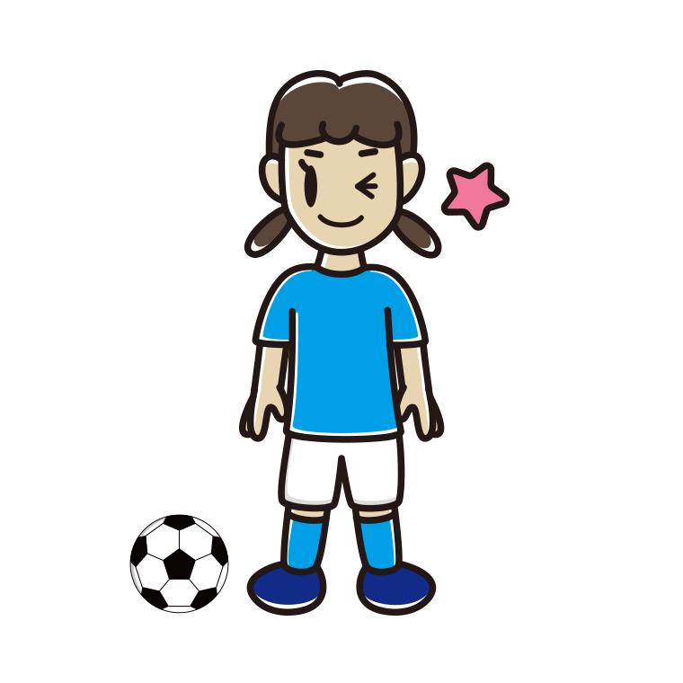 ウインクするサッカーのユニフォーム姿の女子中学生のイラスト【色あり、背景なし】透過PNG