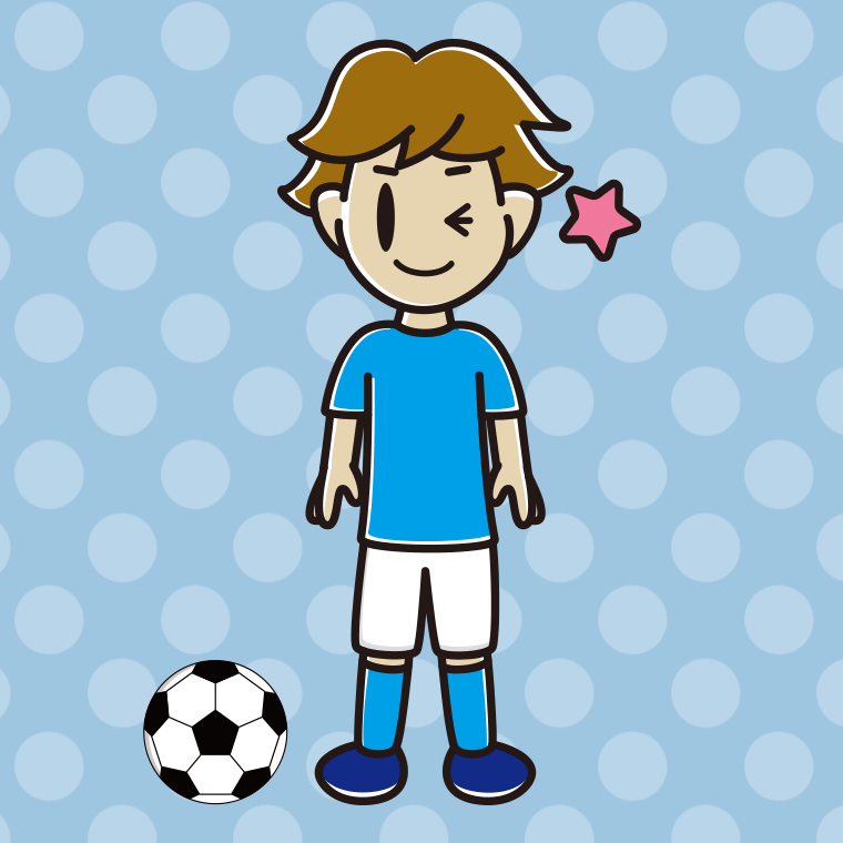 ウインクするサッカーのユニフォーム姿の男子高校生のイラスト【色、背景あり】PNG