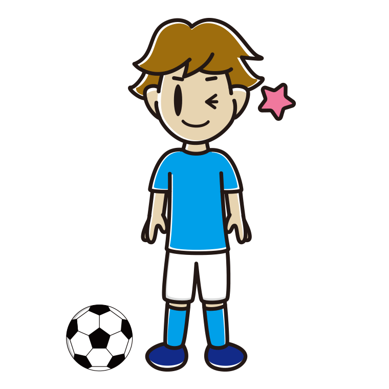 ウインクするサッカーのユニフォーム姿の男子高校生のイラスト【色あり、背景なし】透過PNG