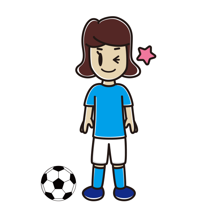 ウインクするサッカーのユニフォーム姿の女子高校生のイラスト【色あり、背景なし】透過PNG
