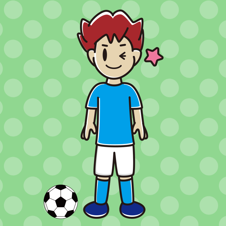 ウインクするサッカーのユニフォーム姿の男子大学生のイラスト【色、背景あり】PNG