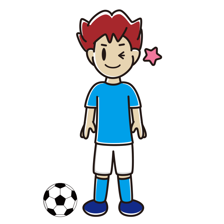 ウインクするサッカーのユニフォーム姿の男子大学生のイラスト【色あり、背景なし】透過PNG