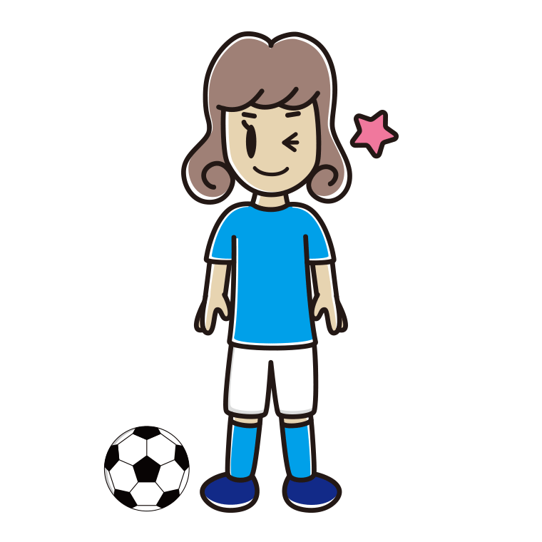 ウインクするサッカーのユニフォーム姿の女子大学生のイラスト【色あり、背景なし】透過PNG