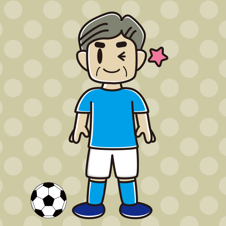 ウインクするサッカーのユニフォーム姿のおじさんのイラスト【色、背景あり】PNG