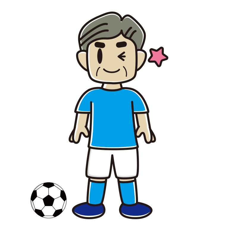 ウインクするサッカーのユニフォーム姿のおじさんのイラスト【色あり、背景なし】透過PNG