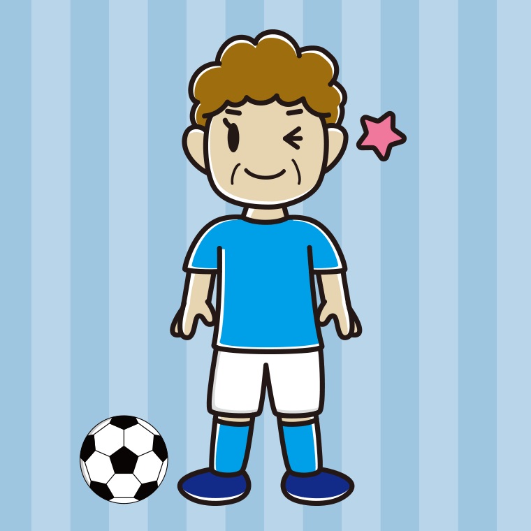 ウインクするサッカーのユニフォーム姿のおばさんのイラスト【色、背景あり】PNG