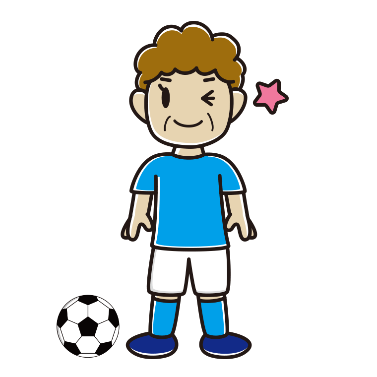 ウインクするサッカーのユニフォーム姿のおばさんのイラスト【色あり、背景なし】透過PNG