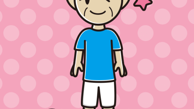 ウインクするサッカーのユニフォーム姿のおじいさんのイラスト【色、背景あり】PNG