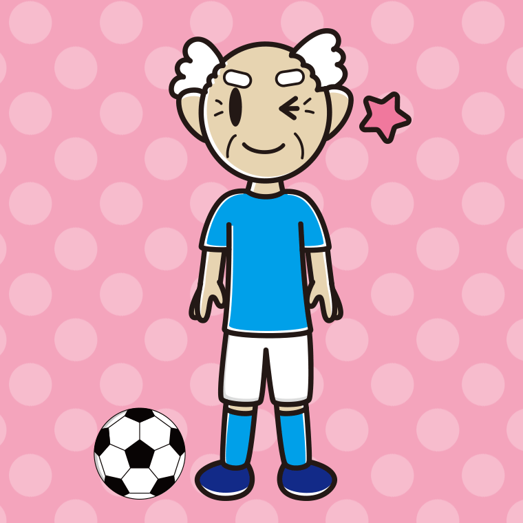 ウインクするサッカーのユニフォーム姿のおじいさんのイラスト【色、背景あり】PNG