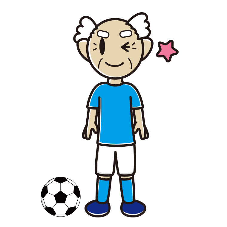 ウインクするサッカーのユニフォーム姿のおじいさんのイラスト【色あり、背景なし】透過PNG