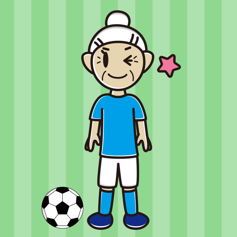 ウインクするサッカーのユニフォーム姿のおばあさんのイラスト【色、背景あり】PNG