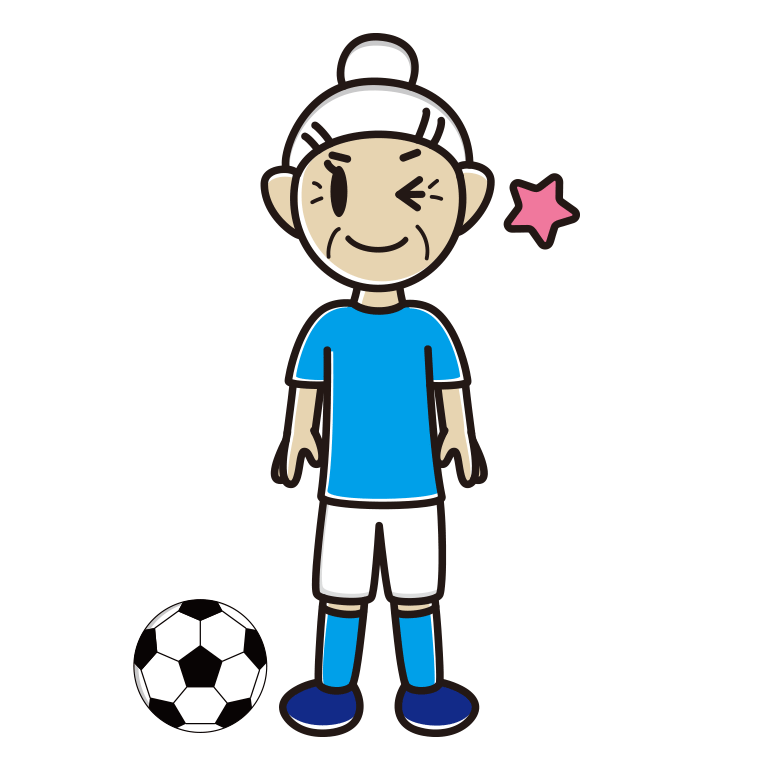 ウインクするサッカーのユニフォーム姿のおばあさんのイラスト【色あり、背景なし】透過PNG