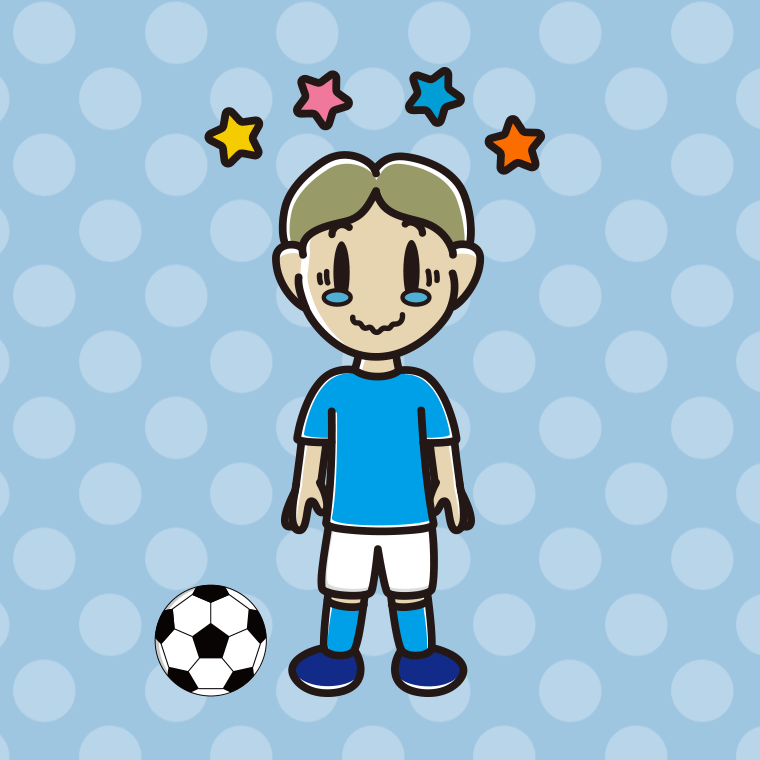 ジーンとするサッカーのユニフォーム姿の小学生男子のイラスト【色、背景あり】PNG