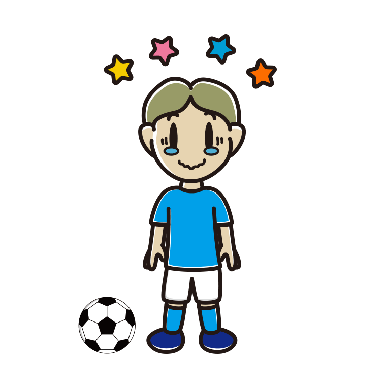 ジーンとするサッカーのユニフォーム姿の小学生男子のイラスト【色あり、背景なし】透過PNG