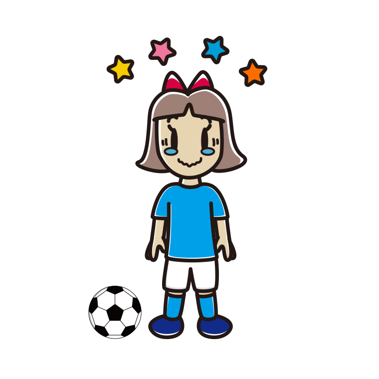 ジーンとするサッカーのユニフォーム姿の小学生女子のイラスト【色あり、背景なし】透過PNG