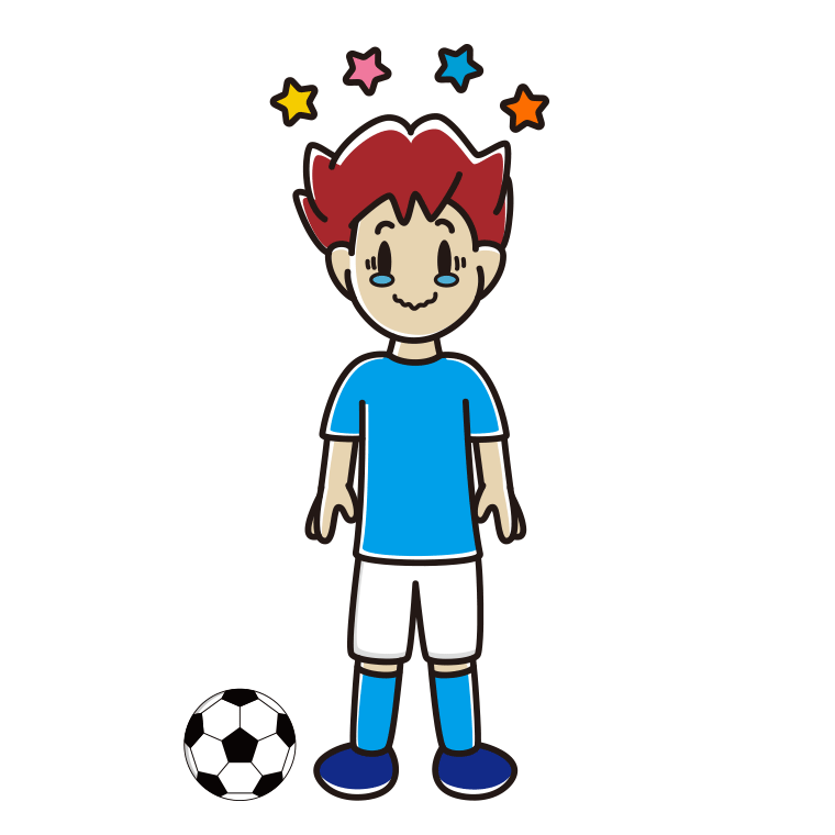ジーンとするサッカーのユニフォーム姿の男子大学生のイラスト【色あり、背景なし】透過PNG