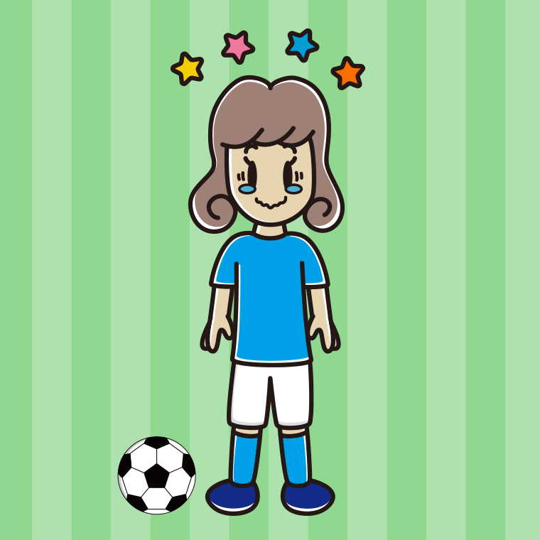 ジーンとするサッカーのユニフォーム姿の女子大学生のイラスト【色、背景あり】PNG