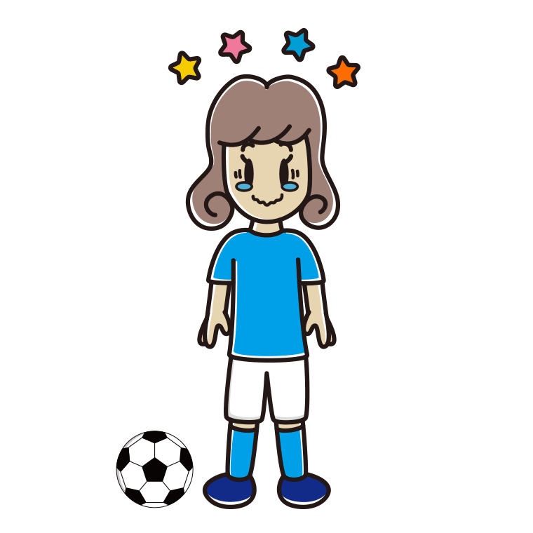 ジーンとするサッカーのユニフォーム姿の女子大学生のイラスト【色あり、背景なし】透過PNG