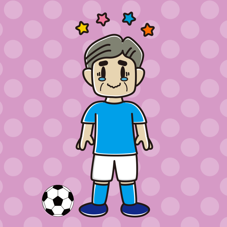 ジーンとするサッカーのユニフォーム姿のおじさんのイラスト【色、背景あり】PNG