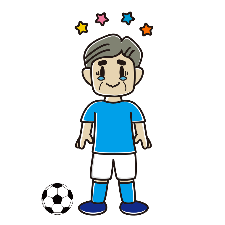 ジーンとするサッカーのユニフォーム姿のおじさんのイラスト【色あり、背景なし】透過PNG