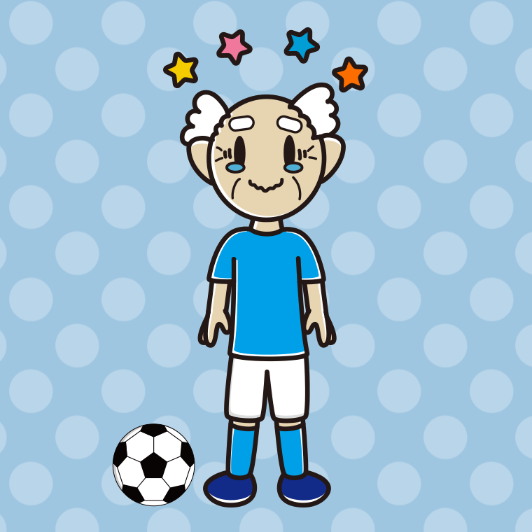 ジーンとするサッカーのユニフォーム姿のおじいさんのイラスト【色、背景あり】PNG