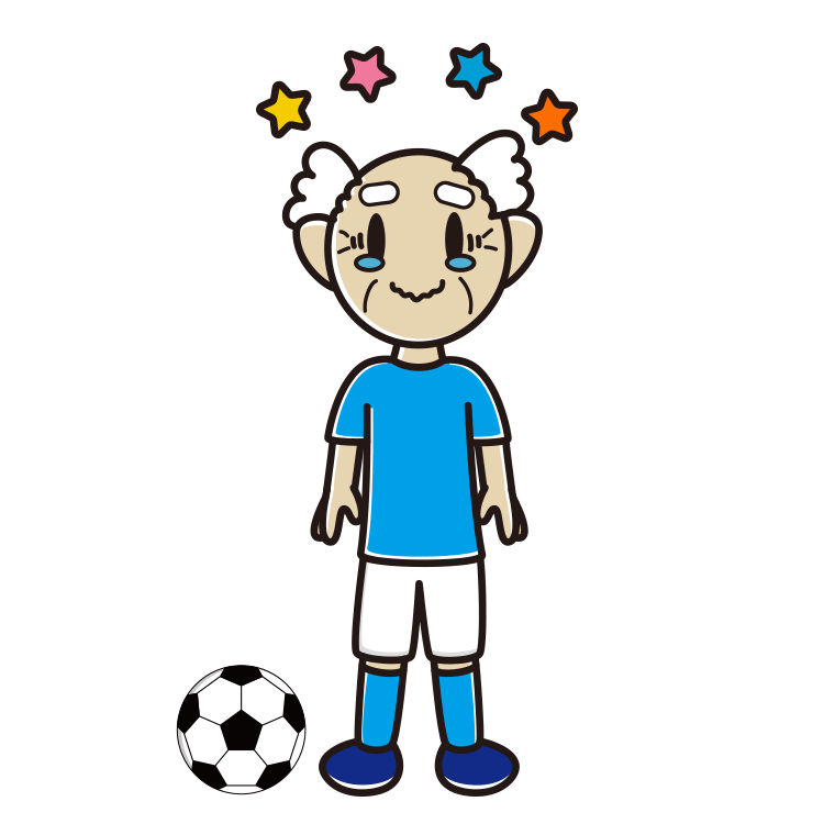 ジーンとするサッカーのユニフォーム姿のおじいさんのイラスト【色あり、背景なし】透過PNG