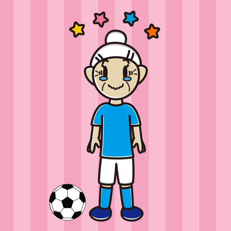 ジーンとするサッカーのユニフォーム姿のおばあさんのイラスト【色、背景あり】PNG