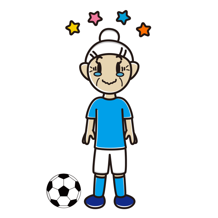 ジーンとするサッカーのユニフォーム姿のおばあさんのイラスト【色あり、背景なし】透過PNG