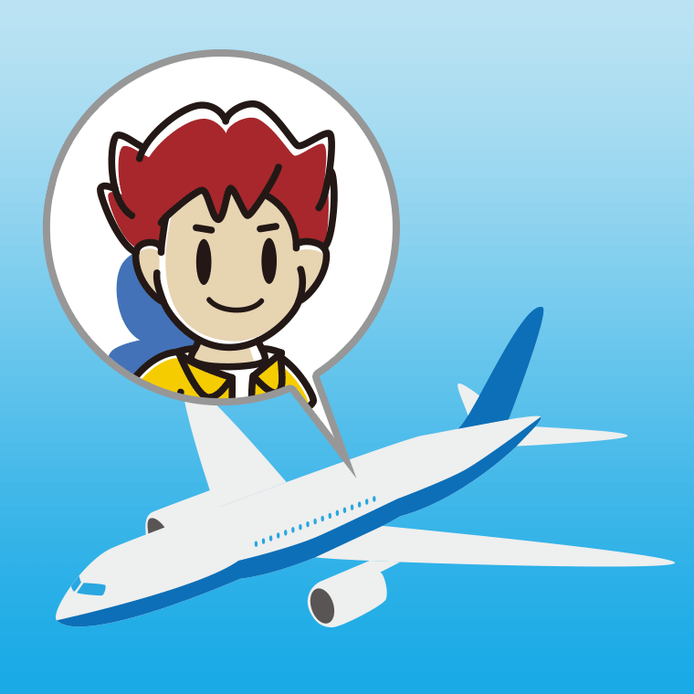 飛行機に乗る男子大学生のイラスト【色、背景あり】PNG