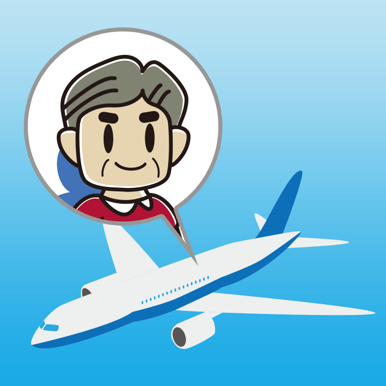 飛行機に乗るおじさんのイラスト【色、背景あり】PNG