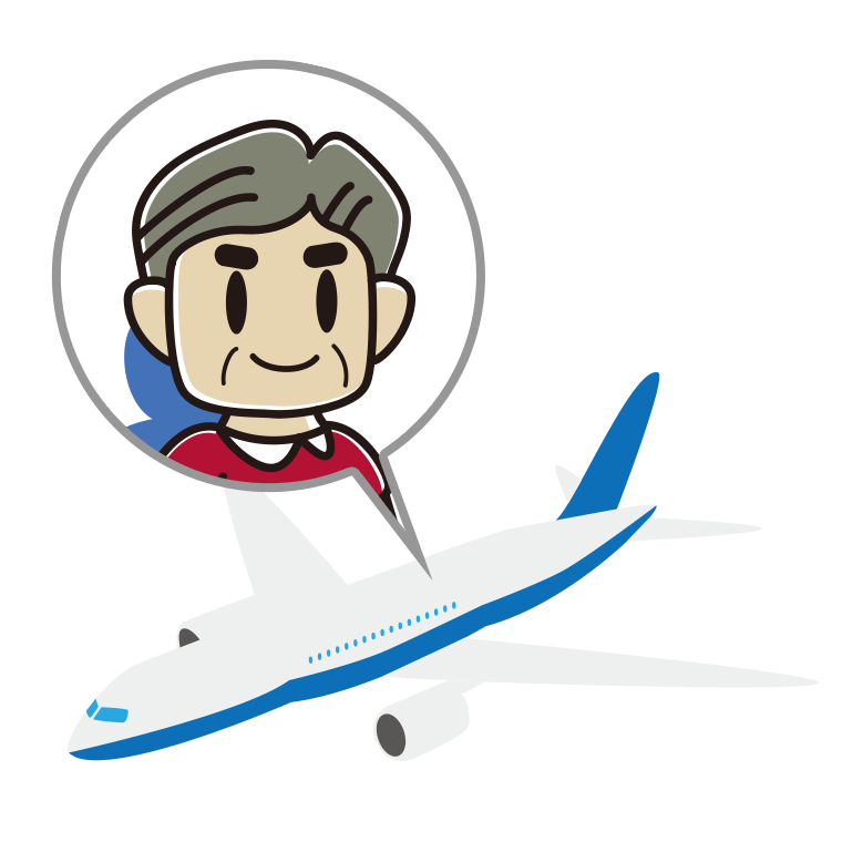 飛行機に乗るおじさんのイラスト【色あり、背景なし】透過PNG