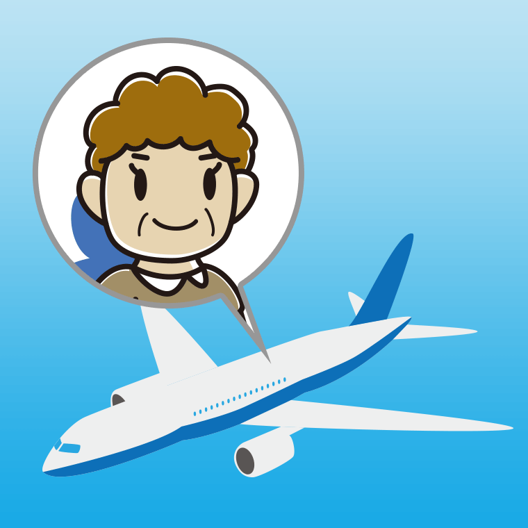飛行機に乗るおばさんのイラスト【色、背景あり】PNG