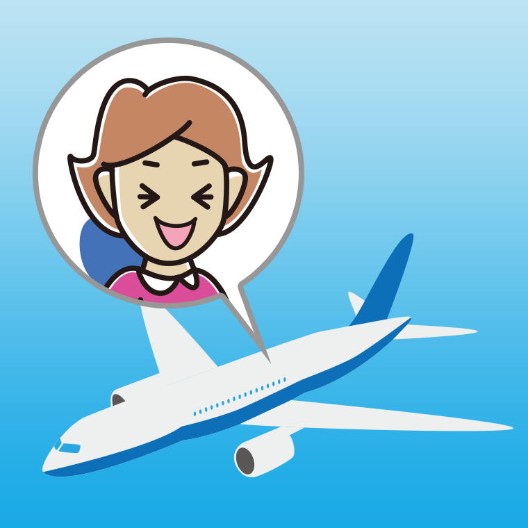 飛行機で笑う女性のイラスト【色、背景あり】PNG