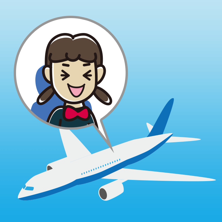 飛行機で笑う女子中学生のイラスト【色、背景あり】PNG