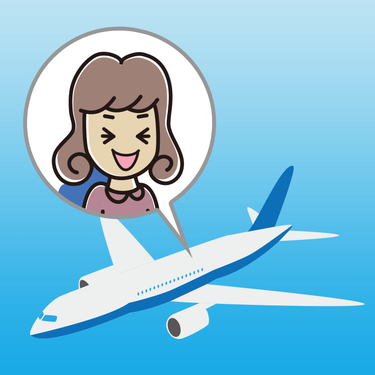 飛行機で笑う女子大学生のイラスト【色、背景あり】PNG