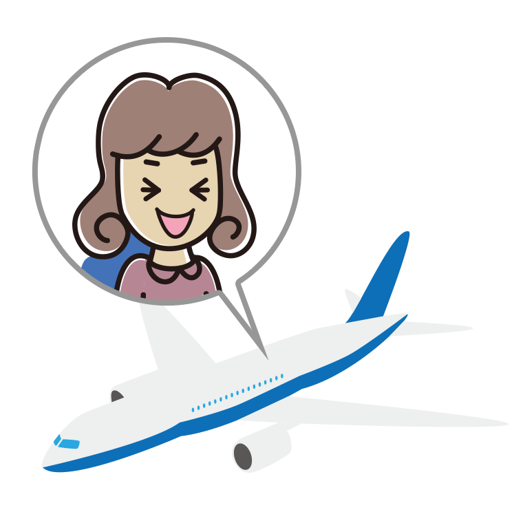 飛行機で笑う女子大学生のイラスト【色あり、背景なし】透過PNG