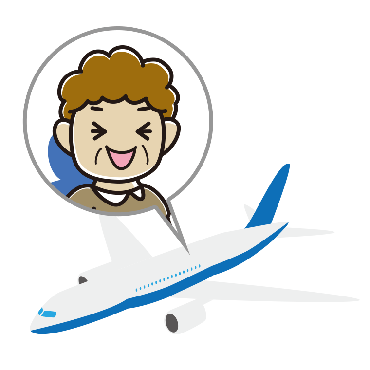 飛行機で笑うおばさんのイラスト【色あり、背景なし】透過PNG
