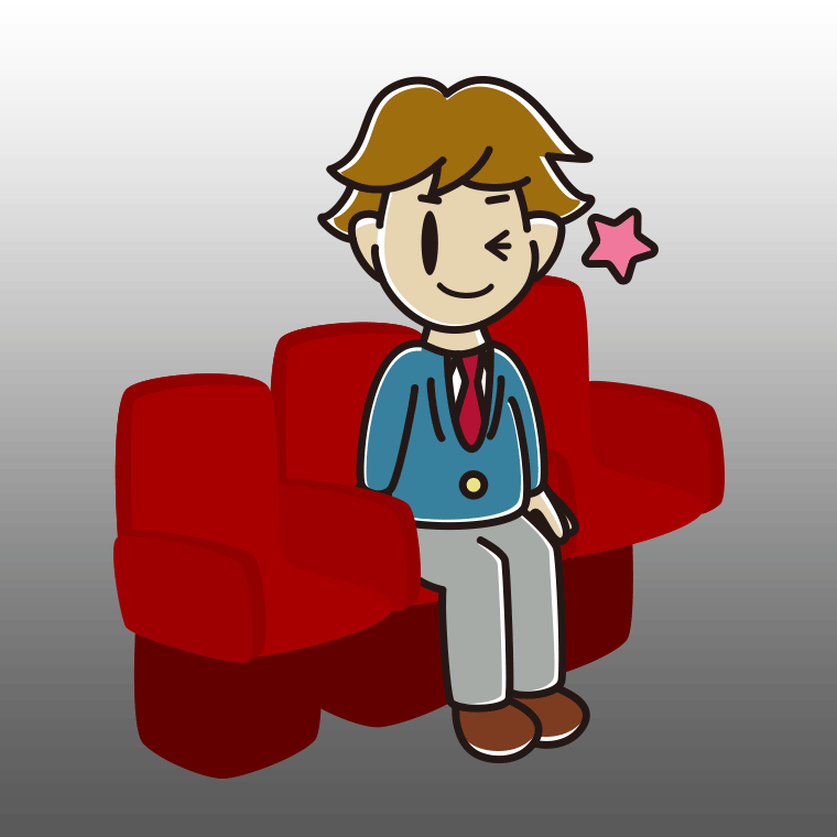 映画館（劇場）でウインクする男子高校生のイラスト【色、背景あり】PNG
