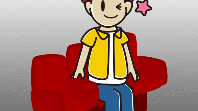 映画館（劇場）でウインクする男子大学生のイラスト【色、背景あり】PNG