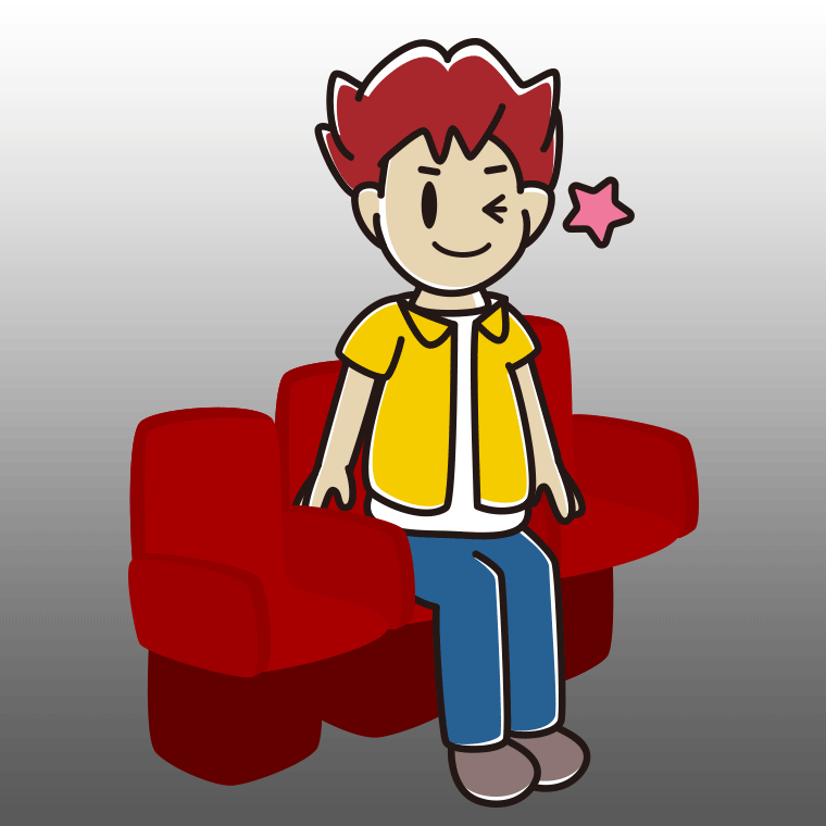 映画館（劇場）でウインクする男子大学生のイラスト【色、背景あり】PNG
